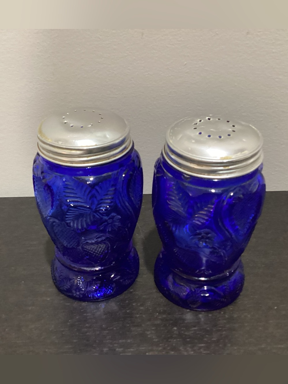 Vtg. Set of Cobalt Blue Pressed Glass Salt and pepper Shakers featuring an